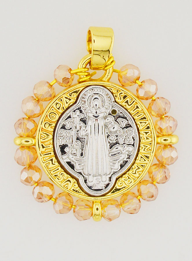 Médaille de Saint Benoît en Laiton & Verre Rose (pic 1)