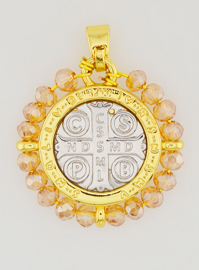 Médaille de Saint Benoît en Laiton & Verre Rose (pic 2)
