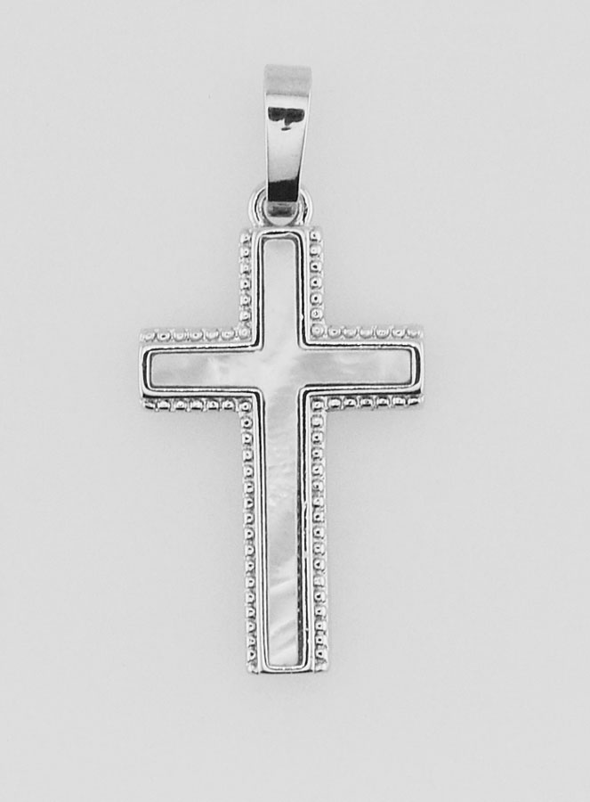 Pendentif Croix en Nacre et Laiton Argenté (pic 1)