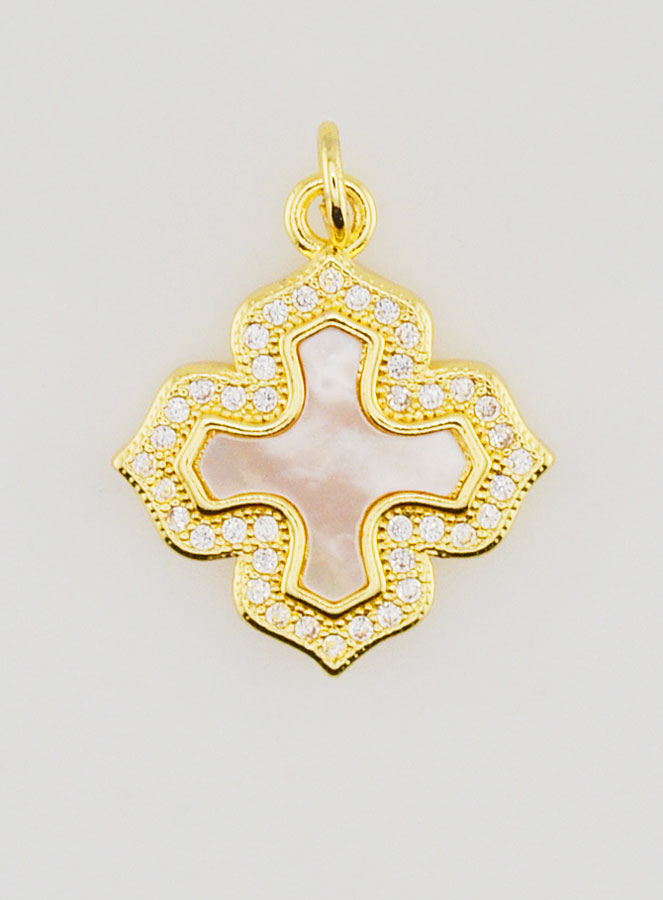 Pendentif Croix Carrée Nacre Laiton & Strass (pic 1)