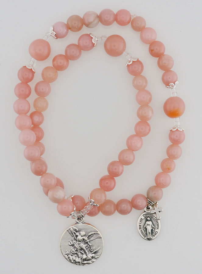 Chapelet Médaille Miraculeuse & St Michel en Opale Rose (pic 1)