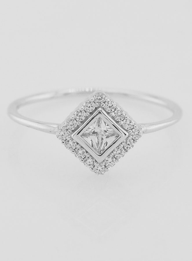 Bague Solitaire Losange Argent Rhodié et Zircons - T56 (pic 1)