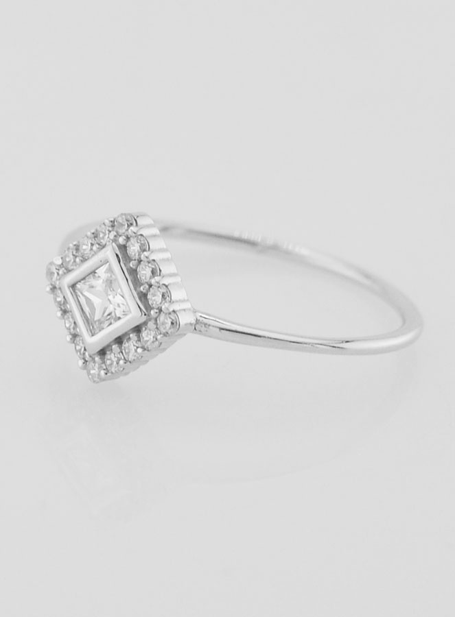 Bague Solitaire Losange Argent Rhodié et Zircons - T56 (pic 2)