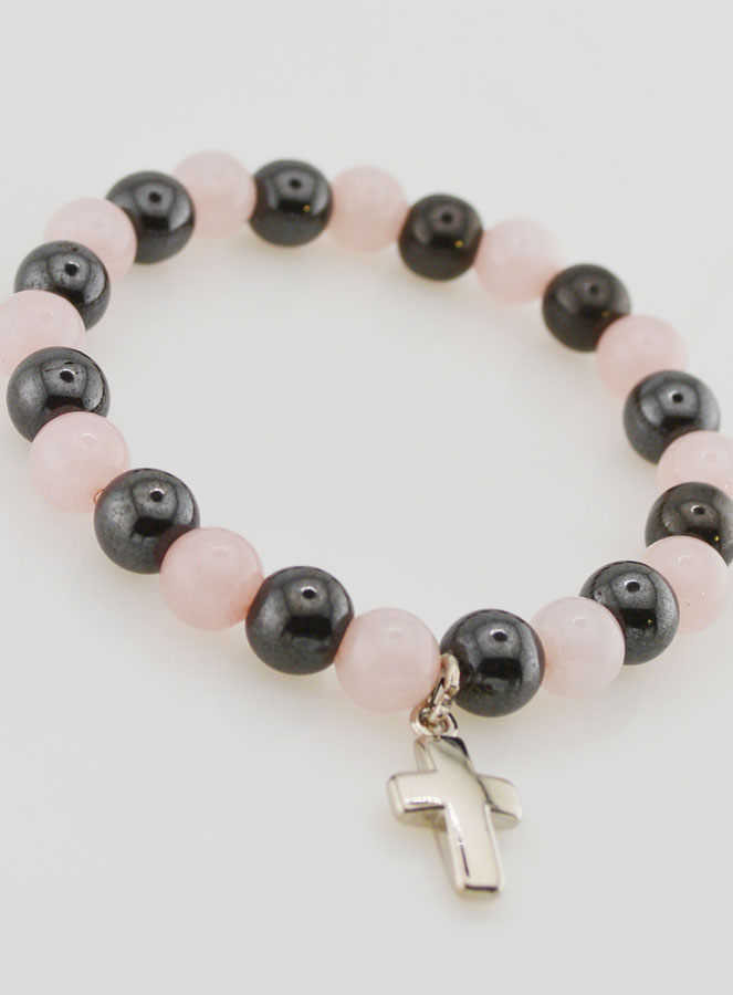 Bracelet Avec Croix - Quartz Rose & Hématite 8mm (pic 3)