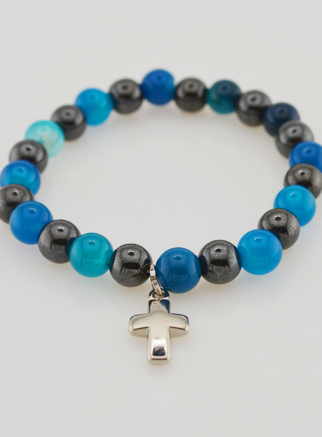 Bracelet Avec Croix - Agate Bleue & Hématite 8mm (pic 2)