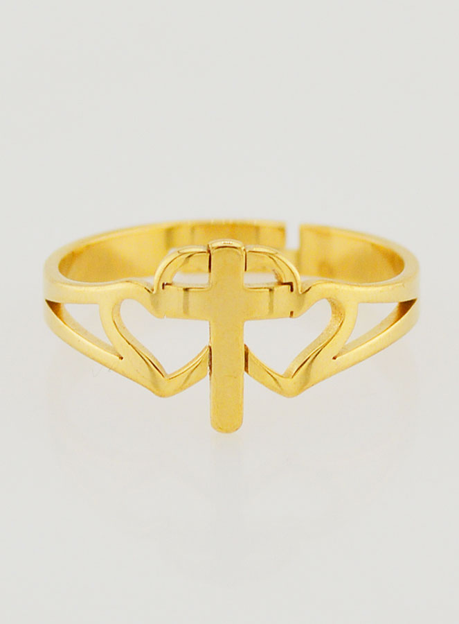 Bague Religieuse Croix & Coeurs Ajustable - Doré (pic 1)