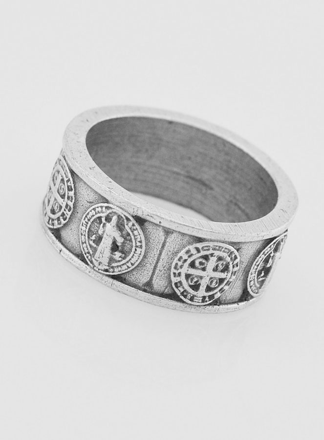 Bague Saint Benoît Argent Sterling S925 - Chevalière Catholique, Amulette De Protection - Cadeau Religieux Pour Homme Ou Femme, Taille 7