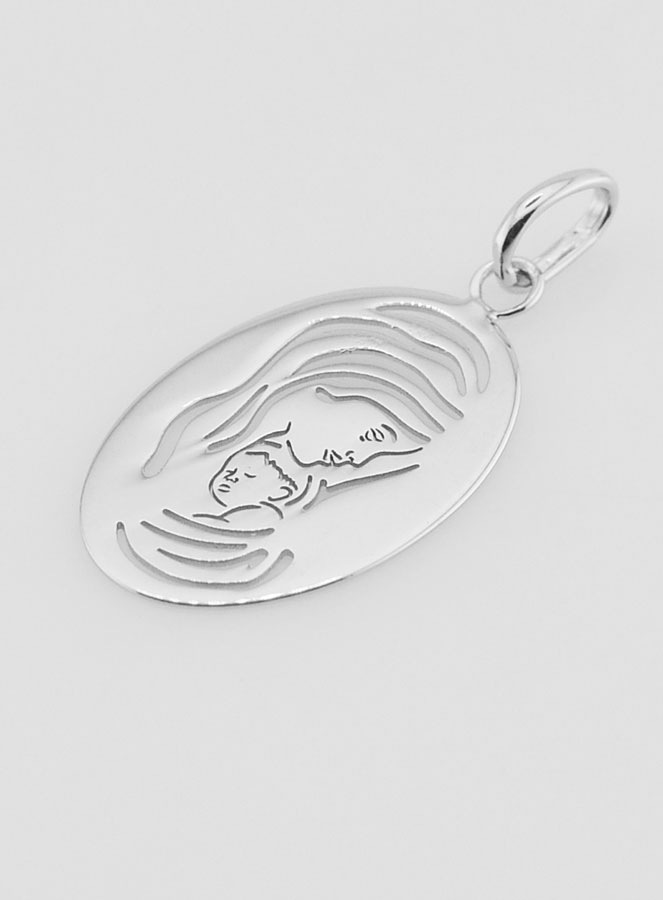 Médaille Ovale Vierge à l'Enfant en Argent - 20mm (pic 4)