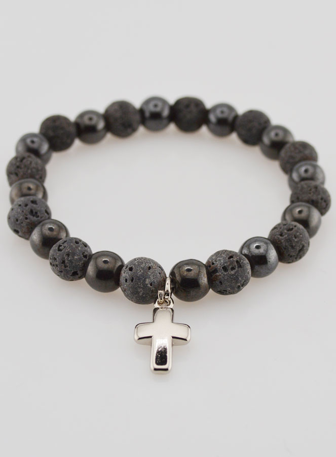 Bracelet Avec Croix - Hématite & Pierre de Lave (pic 2)