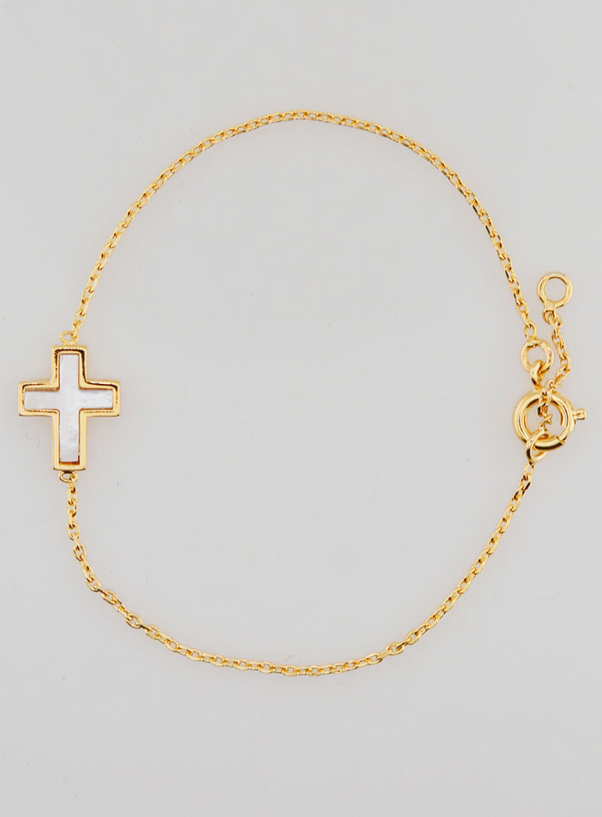 Bracelet Religieux en Plaqué Or & Croix en Nacre (pic 1)