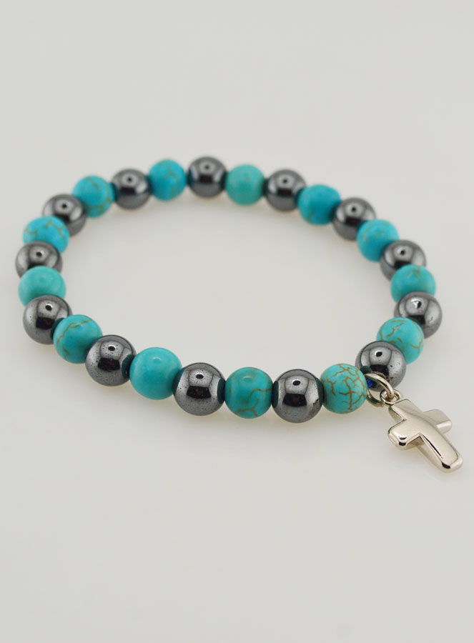 Bracelet Religieux avec Croix - Hématite & Turquoise (pic 4)