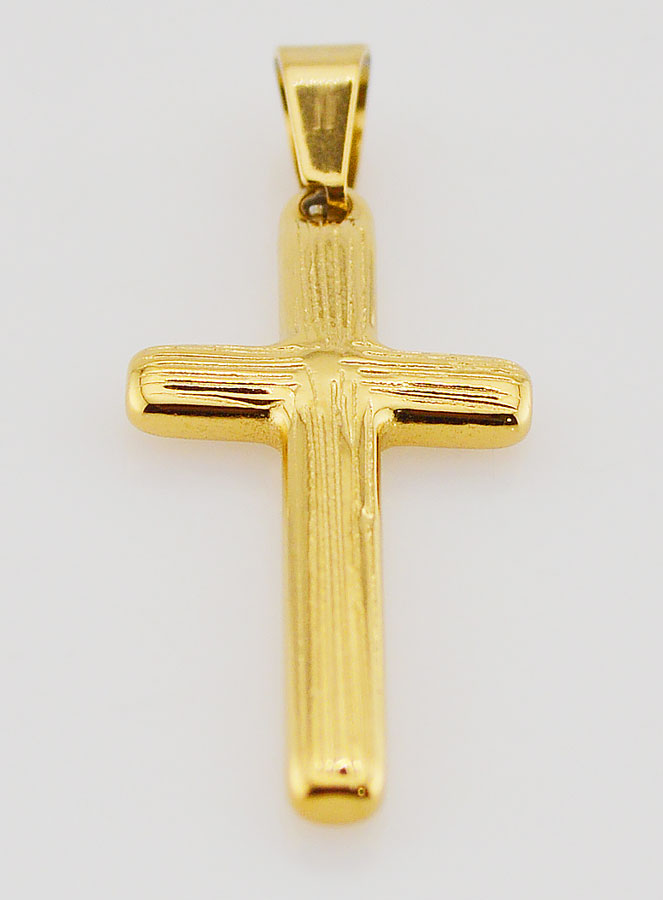 Pendentif Croix Striée en Inox Doré -  35mm (pic 2)