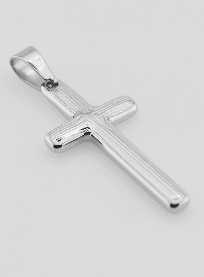 Pendentif Croix Striée en Inox Argenté -  35mm (pic 3)