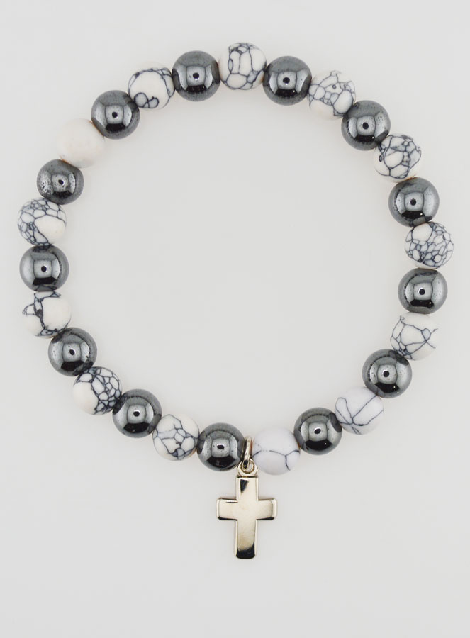 Bracelet Religieux avec Croix - Hématite & Howlite (pic 1)