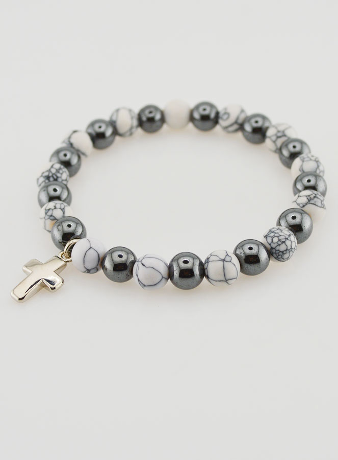 Bracelet Religieux avec Croix - Hématite & Howlite (pic 3)