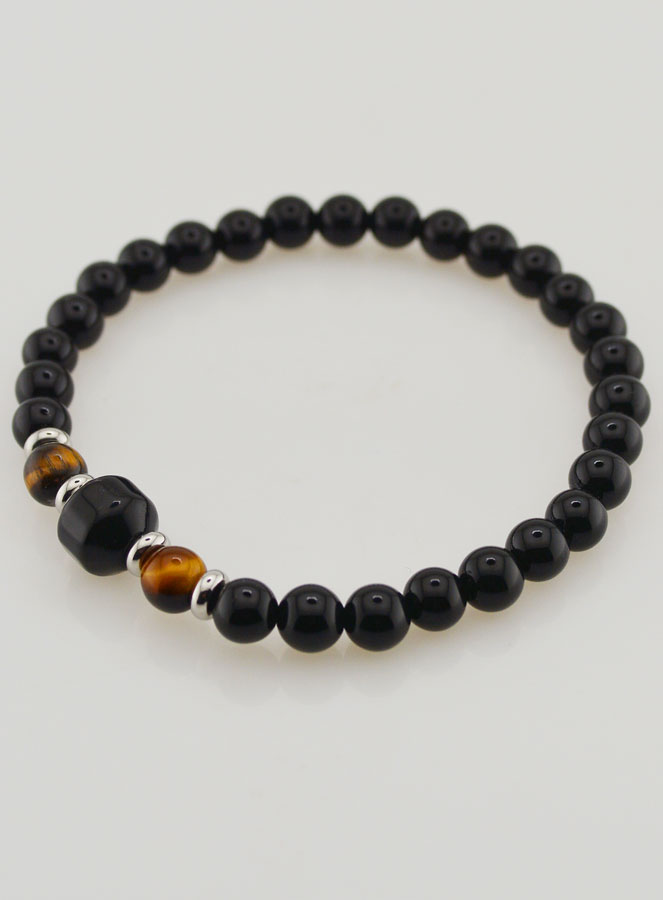 Bracelet en Oeil de Tigre et Onyx Noir - 6mm (pic 3)