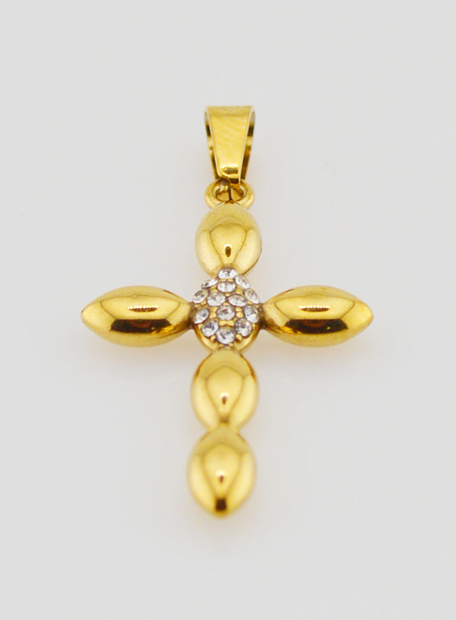 Pendentif Croix Inox Doré & Zircons - 25mm (pic 2)