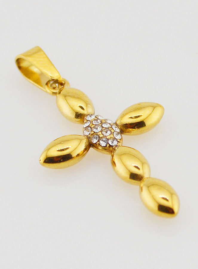 Pendentif Croix Inox Doré & Zircons - 25mm (pic 3)