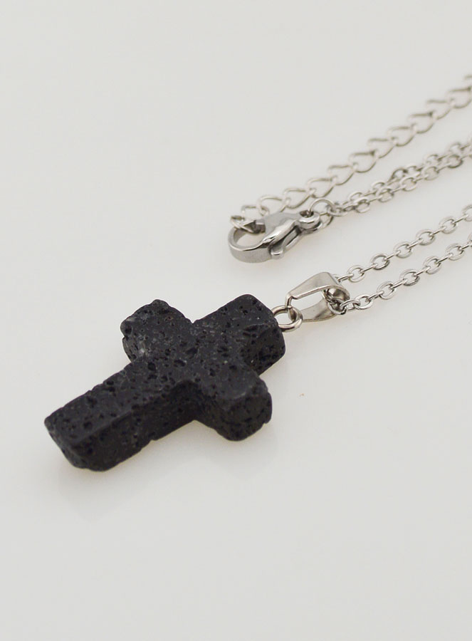 Collier Religieux Chaîne Inox & Croix Pierre de Lave (pic 1)