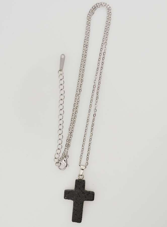 Collier Religieux Chaîne Inox & Croix Pierre de Lave (pic 2)