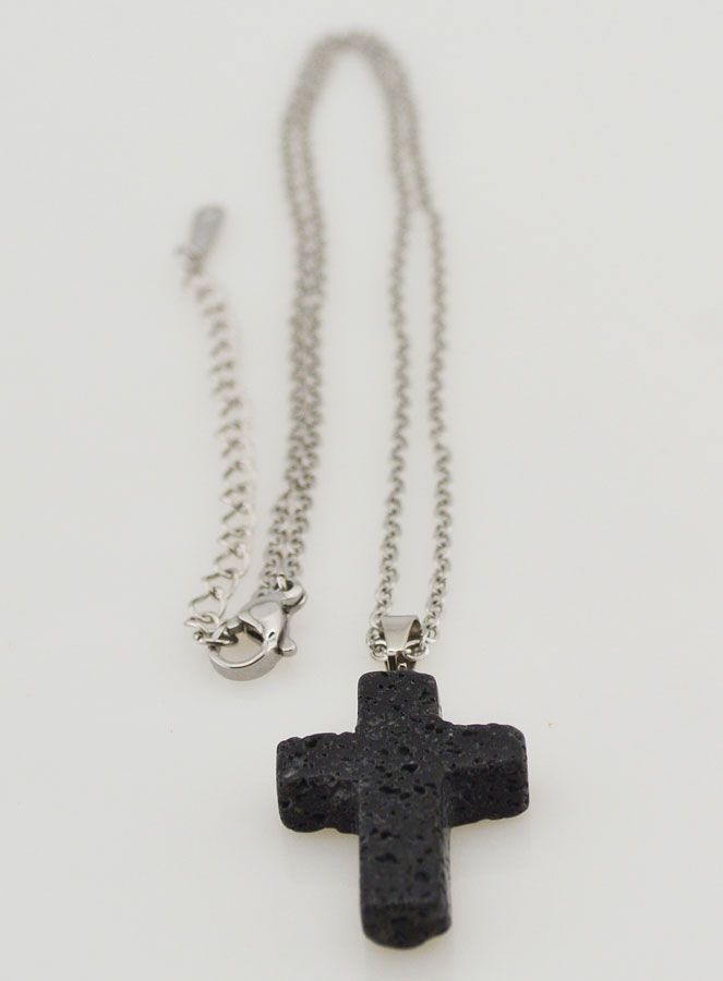 Collier Religieux Chaîne Inox & Croix Pierre de Lave (pic 3)