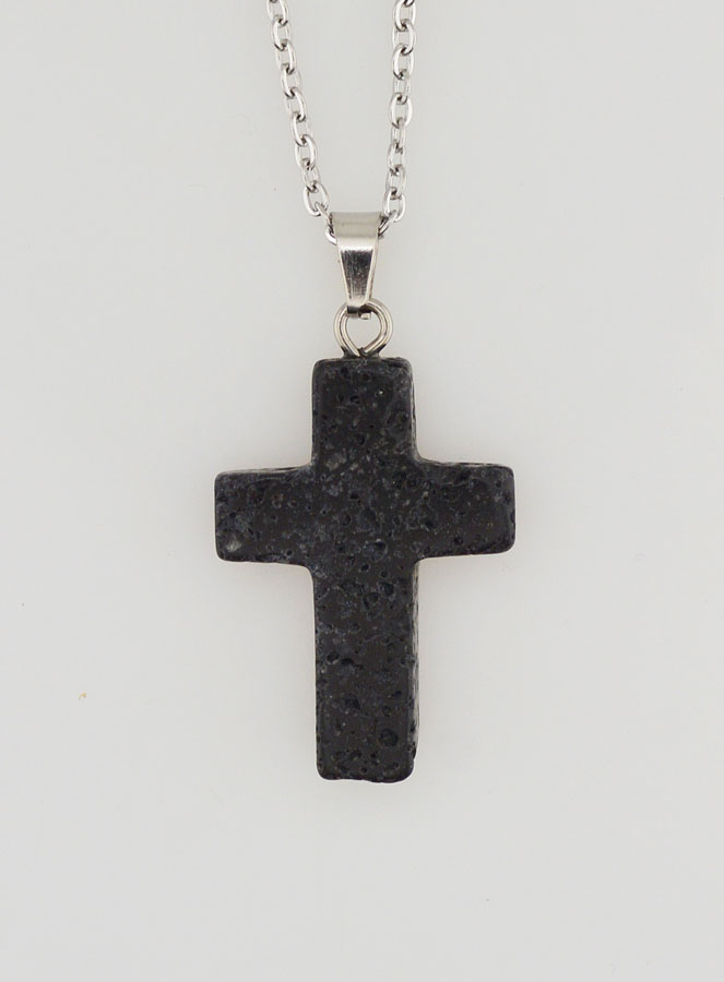 Collier Religieux Chaîne Inox & Croix Pierre de Lave (pic 4)