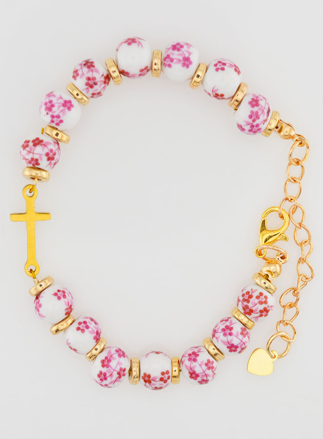 Bracelet Avec Croix Grains Céramique- Rose (pic 1)