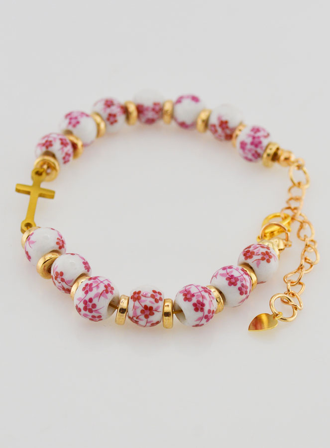 Bracelet Avec Croix Grains Céramique- Rose (pic 2)