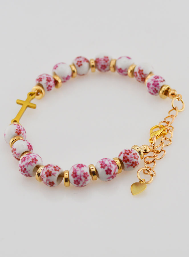 Bracelet Avec Croix Grains Céramique- Rose (pic 4)