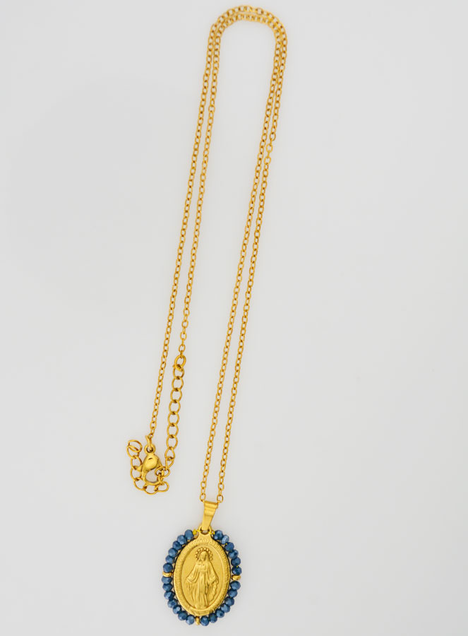 Médaille Miraculeuse Perles Facetées + Chaîne - Bleu (pic 1)
