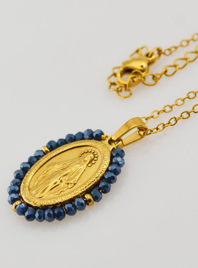 Médaille Miraculeuse Perles Facetées + Chaîne - Bleu (pic 2)