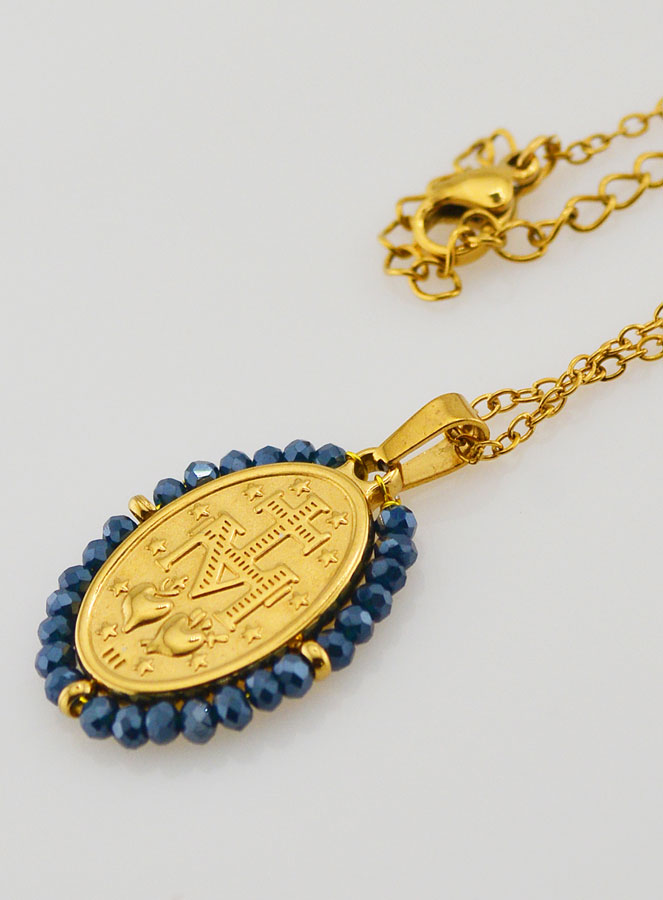 Médaille Miraculeuse Perles Facetées + Chaîne - Bleu (pic 3)
