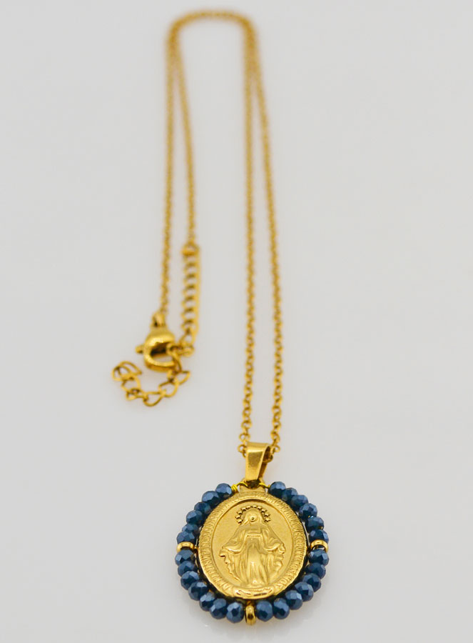 Médaille Miraculeuse Perles Facetées + Chaîne - Bleu (pic 4)