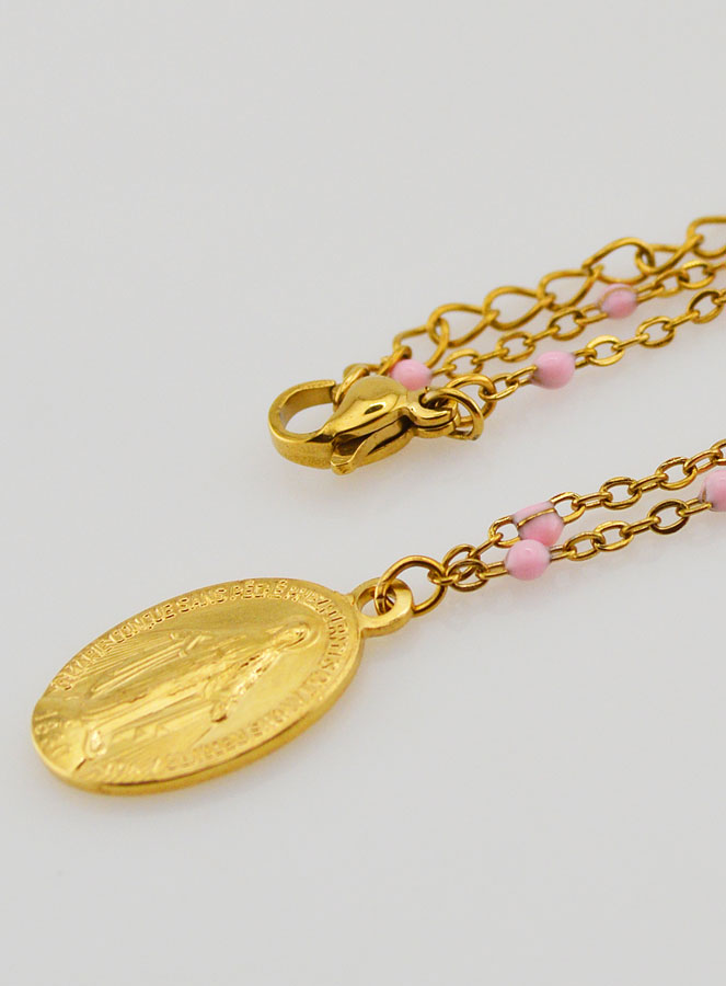 Collier Religieux Perlé & Médaille Miraculeuse - Rose (pic 1)
