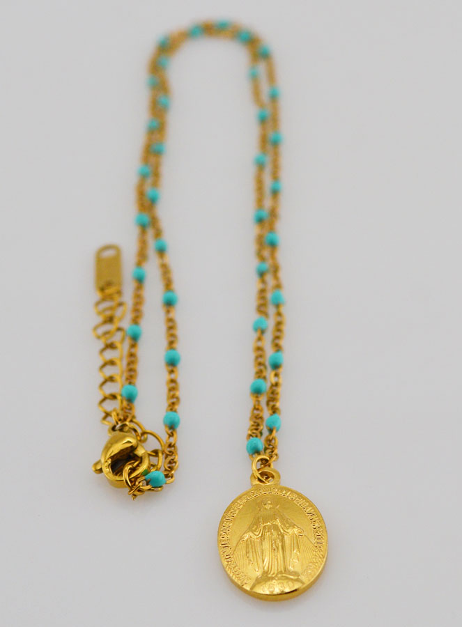 Médaille Miraculeuse & Chaîne à Perles -Turquoise (pic 3)