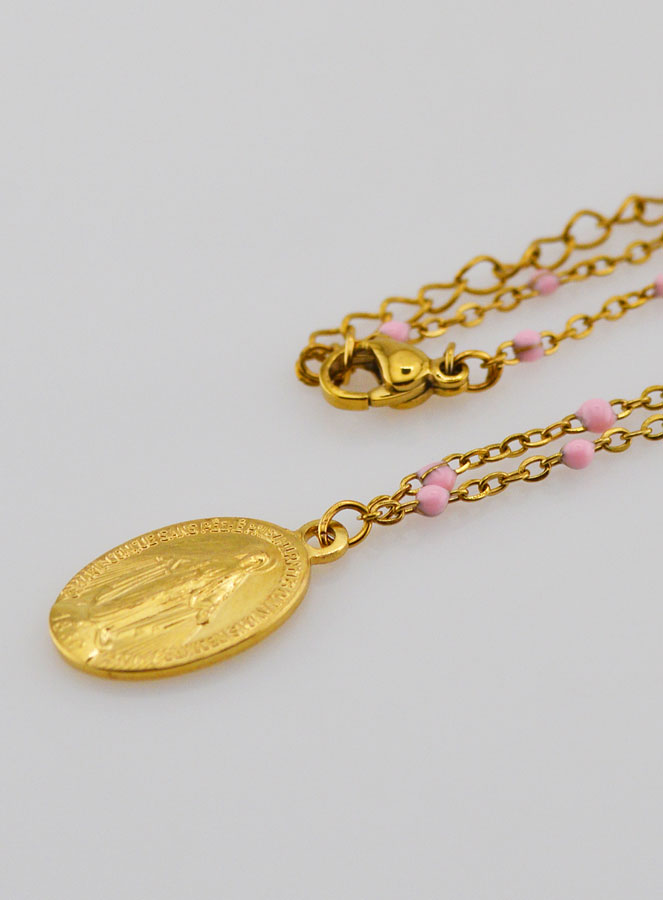 Médaille Miraculeuse & Chaîne Perlée - Rose (pic 1)