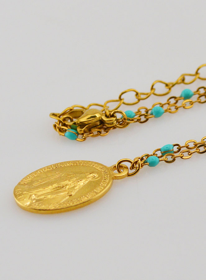 Collier Perlé Médaille Miraculeuse - Turquoise (pic 1)