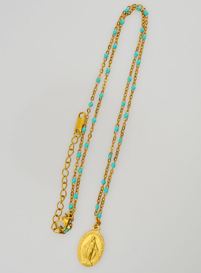 Collier Perlé Médaille Miraculeuse - Turquoise (pic 2)