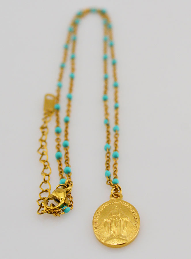 Collier Perlé Médaille Miraculeuse - Turquoise (pic 3)