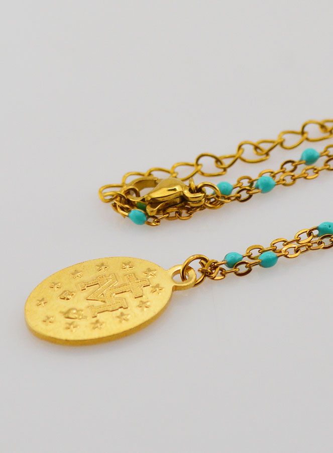 Collier Perlé Médaille Miraculeuse - Turquoise (pic 4)