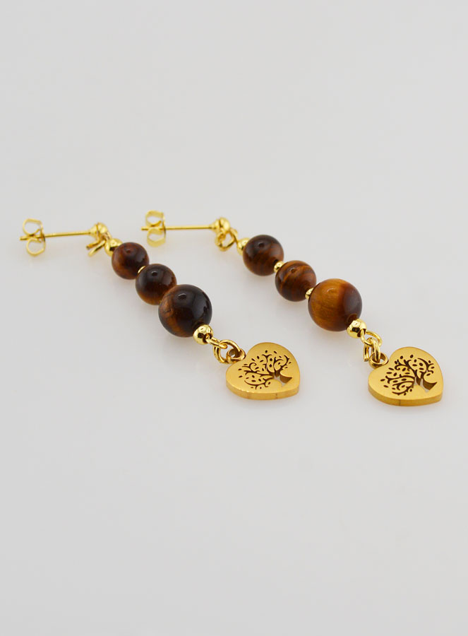 Boucles d'Oreilles Arbre de Vie en Oeil de Tigre - Doré (pic 4)
