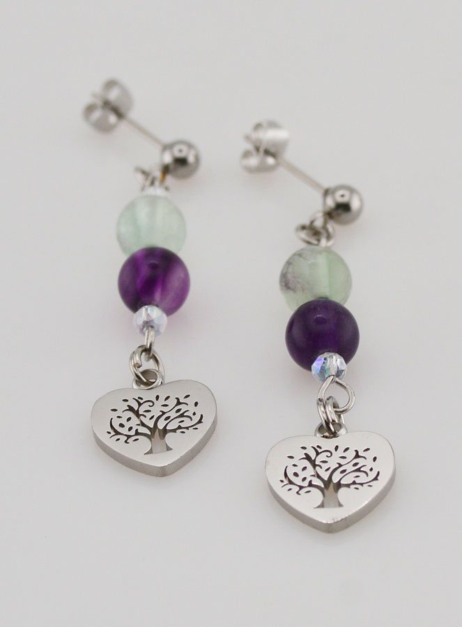 Boucles d'Oreilles - Fluorite & Arbre de vie (pic 2)