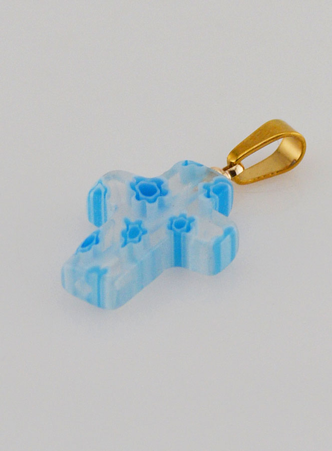 Pendentif Croix en Verre Artisanale - Blanc & Bleu (pic 4)