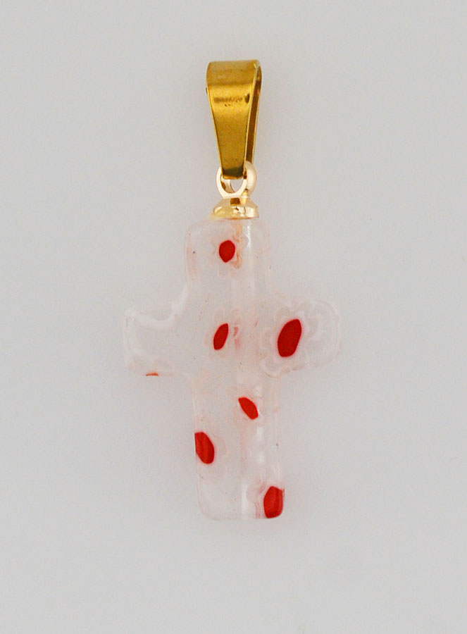 Pendentif Croix en Verre Artisanal - Fleurs Rouges (pic 1)