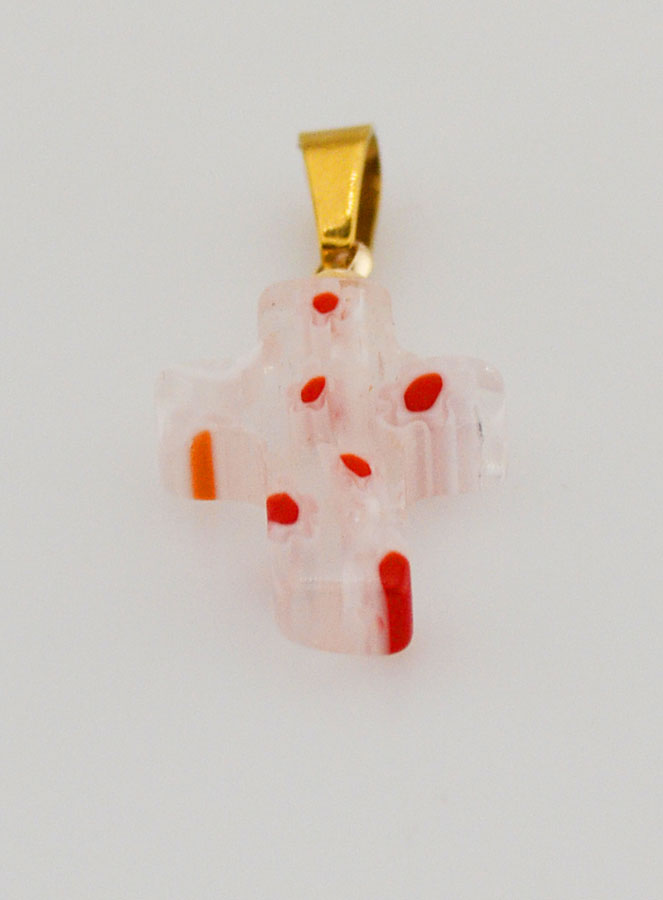Pendentif Croix en Verre Artisanal - Fleurs Rouges (pic 2)