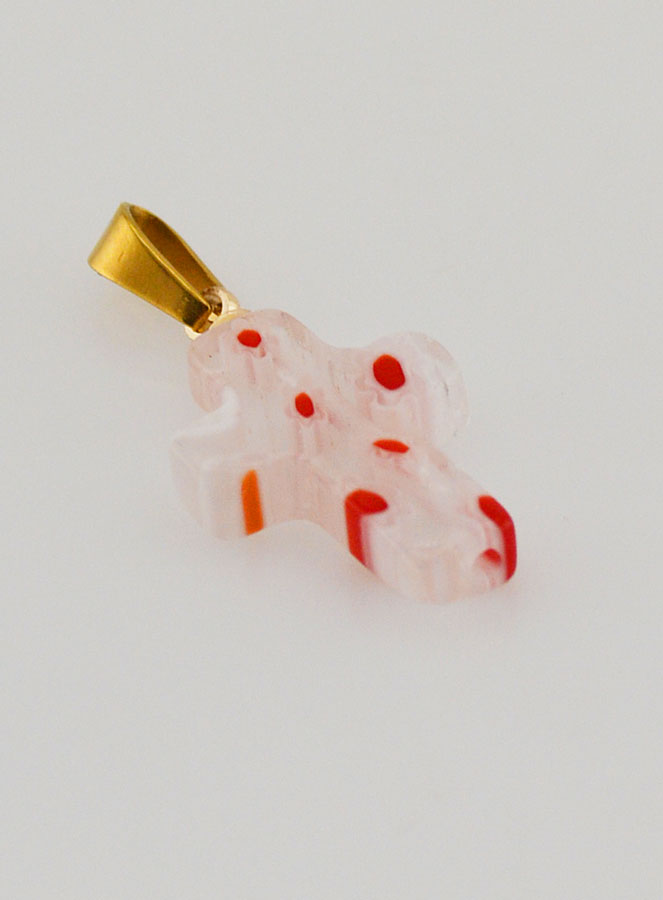 Pendentif Croix en Verre Artisanal - Fleurs Rouges (pic 3)