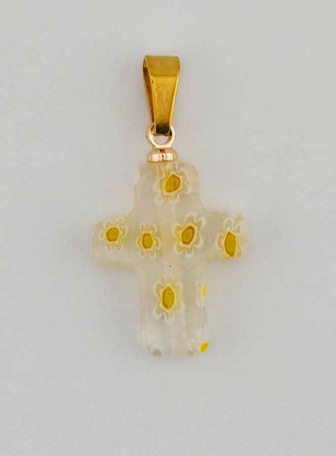 Pendentif Croix en Verre Artisanal - Fleurs Jaunes (pic 1)