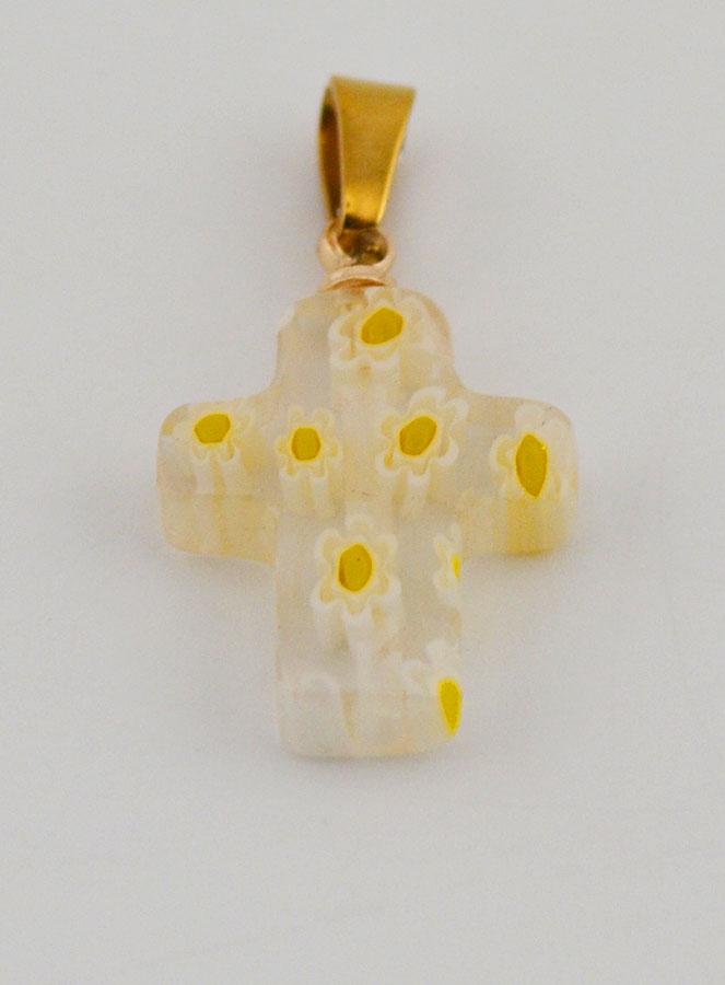 Pendentif Croix en Verre Artisanal - Fleurs Jaunes (pic 2)