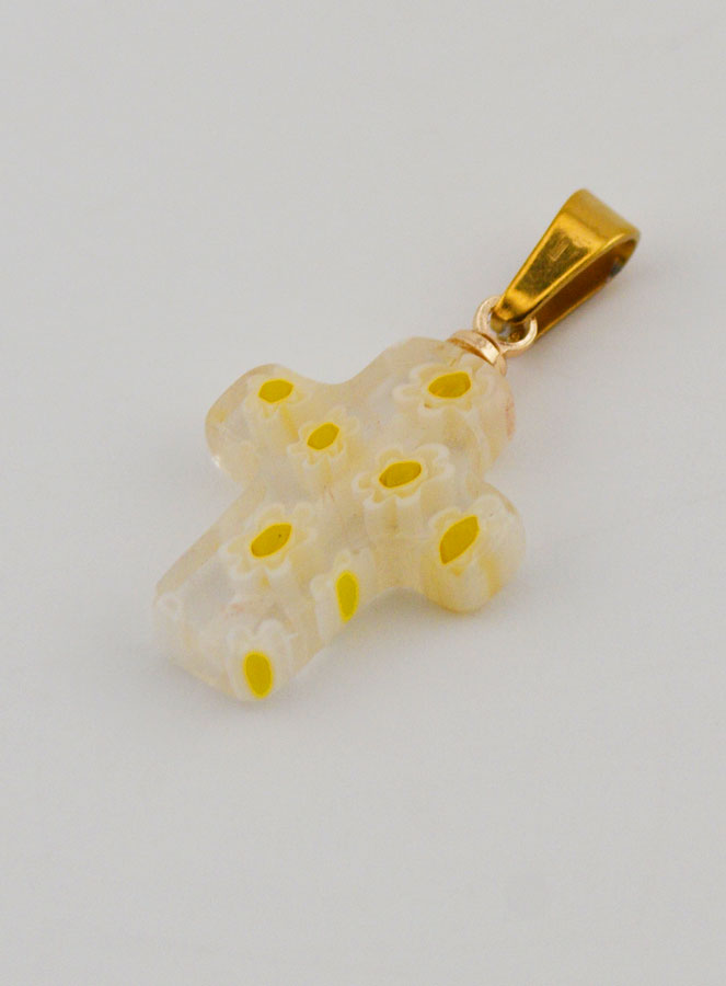 Pendentif Croix en Verre Artisanal - Fleurs Jaunes (pic 4)