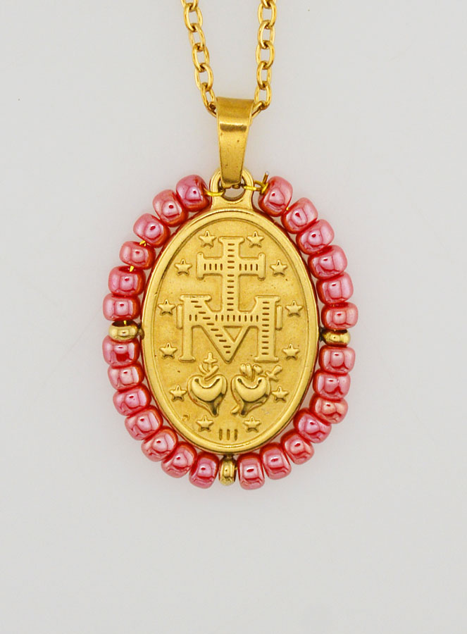 Médaille Miraculeuse + Chaîne - Perles Rose Nacré (pic 2)